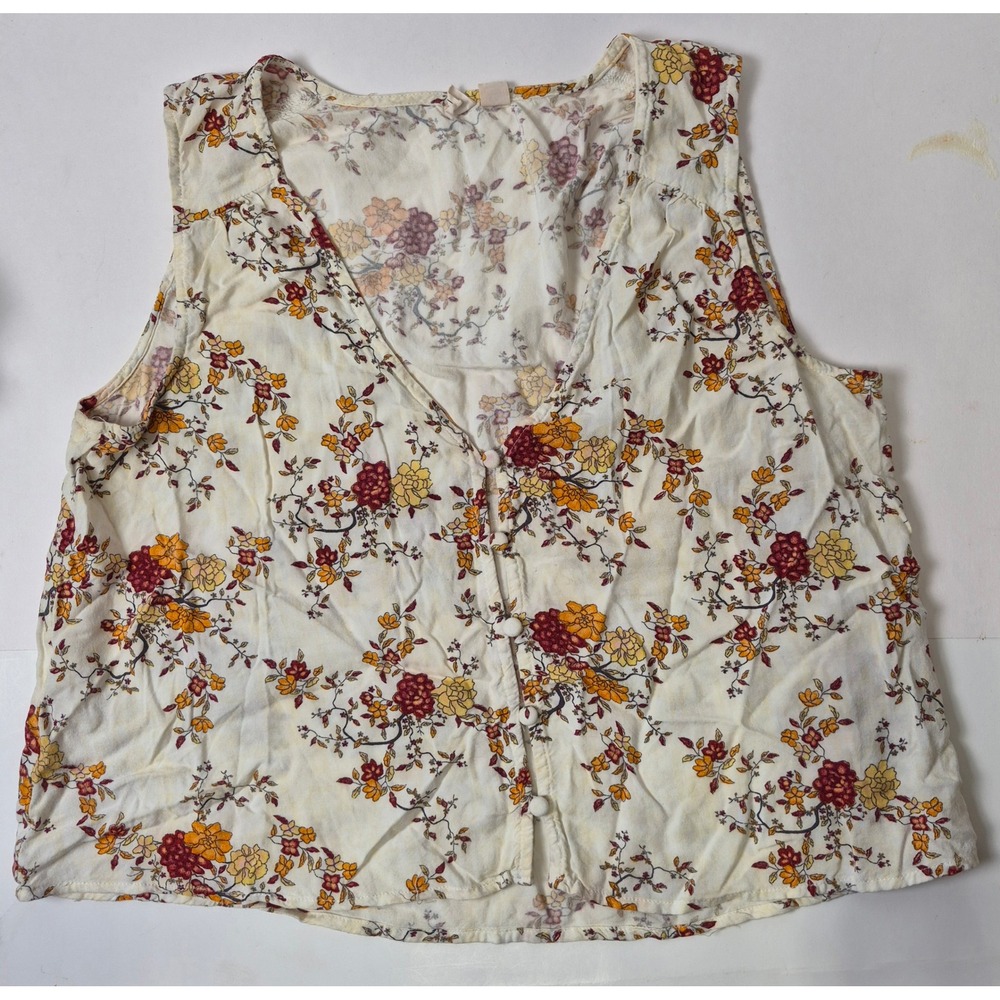 Melrose‎ and Market Floral Button Front Sleeveless Crop Top Ivory Yellow Small